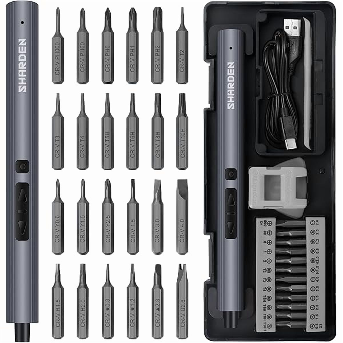 CJBSHARDEN Mini Electric Screwdriver, 29 in 1 Small Electric Screw Driver Kit with 24 Magnetic Bits, Precision Cordless Repair Tool for Phone, Camera, Laptop, Watch