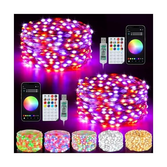 CJBSmart Fairy Lights 2 Pack 66Ft 200 LED Twinkle String Lights with Remote & APP Control, Color Changing USB Christmas Tree Lights Music & Mic Sync for Halloween Holiday Party Decor