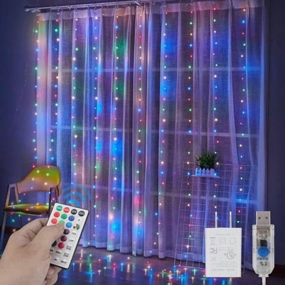 CJBSmart LED Curtain Lights with Power Adapter, 300 LED 8 Modes & 16 Colors Changing, Waterproof Curtain String Lights With Remote, Wall Window Hanging Dripping for Bedroom Halloween Christmas Decor