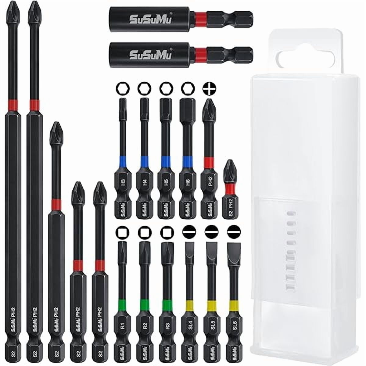 CJBSuSuMu Impact Ready Magnetic Screwdriver Bits Set Stronger Magnet Screw Drill Bit 19PCS Anti Slip Square Slotted Hex Head Phillips 1 2 6 Inch Long Drill Tips for Impact Driver Cordless Drill.