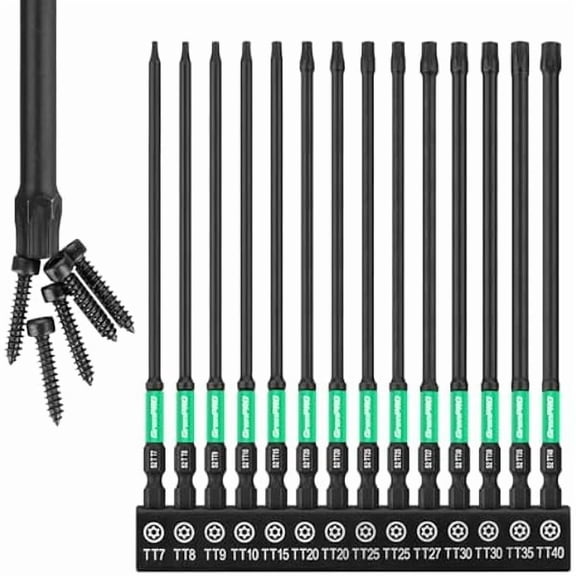 CJBTorx Bit Set 14pc Impact Driver Bit Set, Magnetic Torx Screwdriver Set, 1/4 Torque Security Bits Sets, Tamper Proof t20 t25 t30, 6" Long (t7-t40) Star Screwdriver Bits Sets