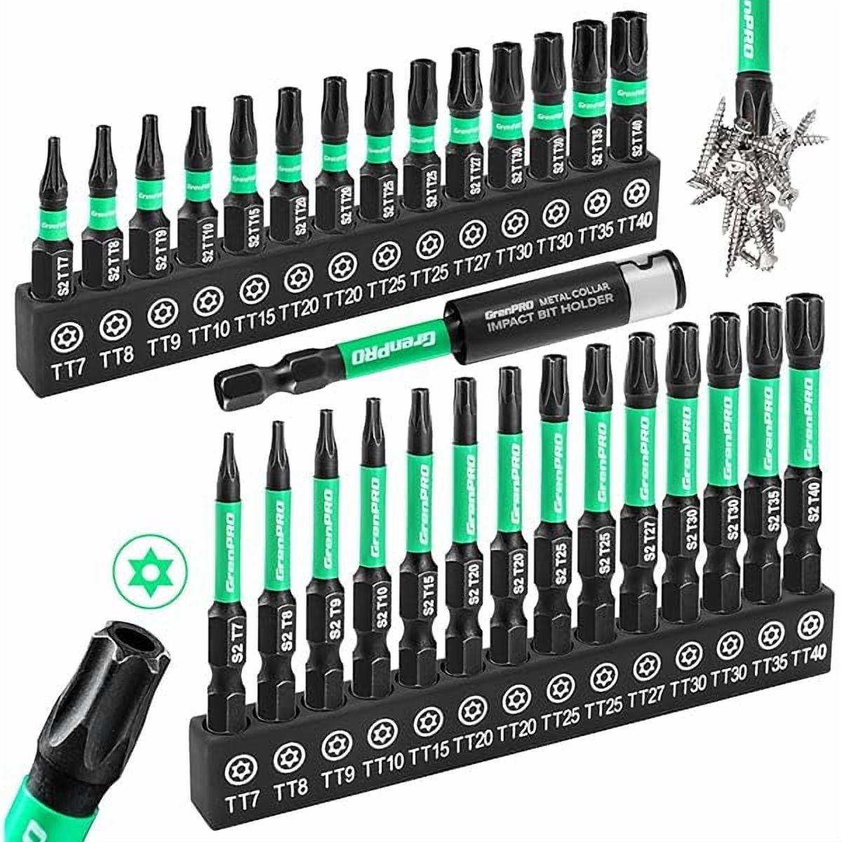 CJBTorx Bit Set 29pcs Impact Driver Bit Set, S2 Steel Torx Screwdriver Sets, Tamper Proof Star Bits Sets, Star Screwdriver 1"&2" Long (T7-T40) Torque Security Bits with Magnetic Bit Holder