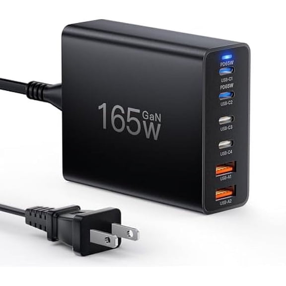 CJBZLC 165W Charging Station,6-Port USB C Charger Block Fast Charging Power Strip Desktop Charger with 5ft Extension Cord for iPhone,iPad,Samsung,MacBook etc