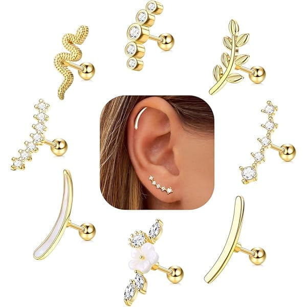 8 Pairs 16G Cartilage Earrings Set - Stainless Steel Flower & Opal Studs For Helix, Conch, Tragus Piercings
