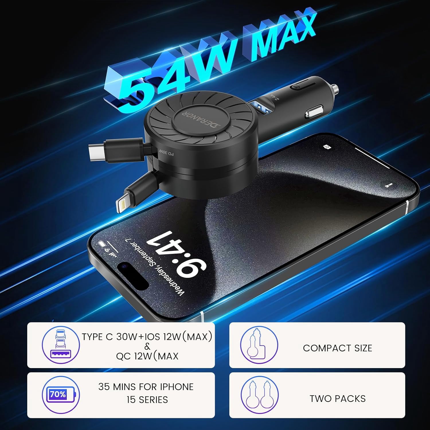 CJBZLCPCOO[2 Pack] Ultra-Small Retractable Car Charger 54W, 3 in 1 Retractable Phone Charger for Car Super Fast Car Charger with Retractable Cord X2 and USB A Charging Port for iPhone 15/14/13,Galaxy