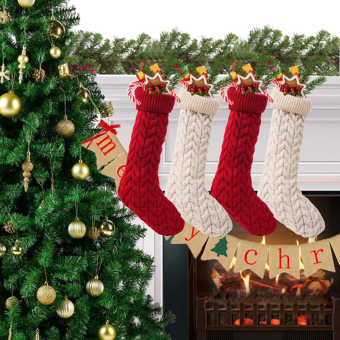 Large Knitted Christmas Stockings in Cream and Burgundy, Set of 4