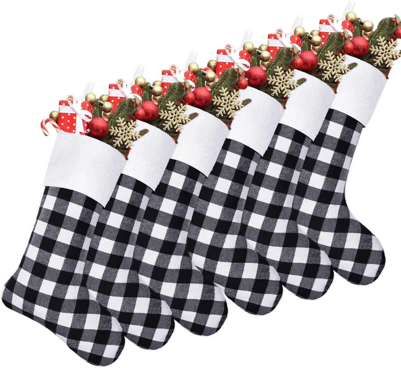18-Inch Black and White Buffalo Plaid Christmas Stockings, Set of 6