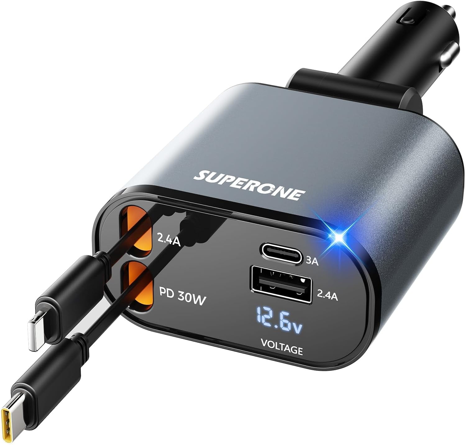 CJBZLCPCOO SUPERONE Retractable Car Charger 4 in 1, Fast Car Phone Charger with Cord 2.6ft, USB C and Apple Car Charger Adapter, Compatible with iPhone 15/15 Pro Max/14/13/12/11, Galaxy, Pixel