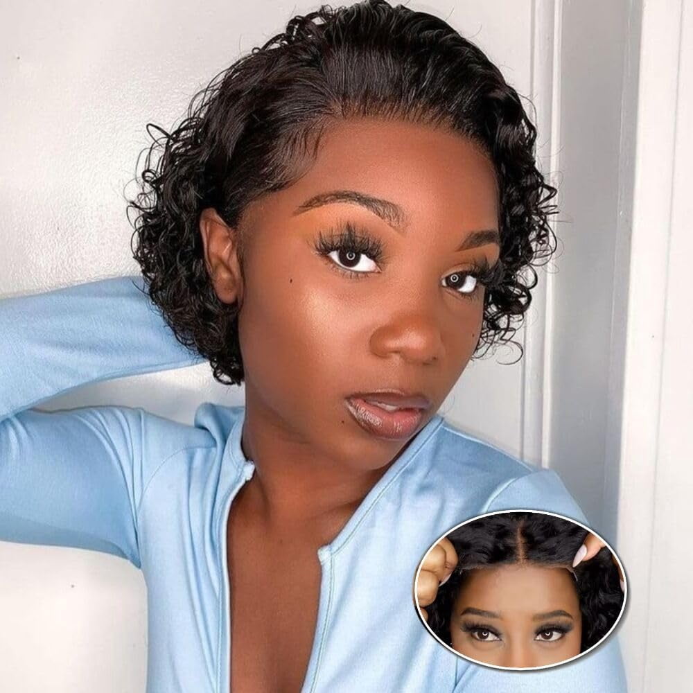 CJBZLCPCOO Wig  Wear and Go Gluelss Bob Wigs  Pre Cut Pre Plucked 4x4 Lace Closure No Glue Needed for Beginners Short Curly Human Hair Wigs For Women