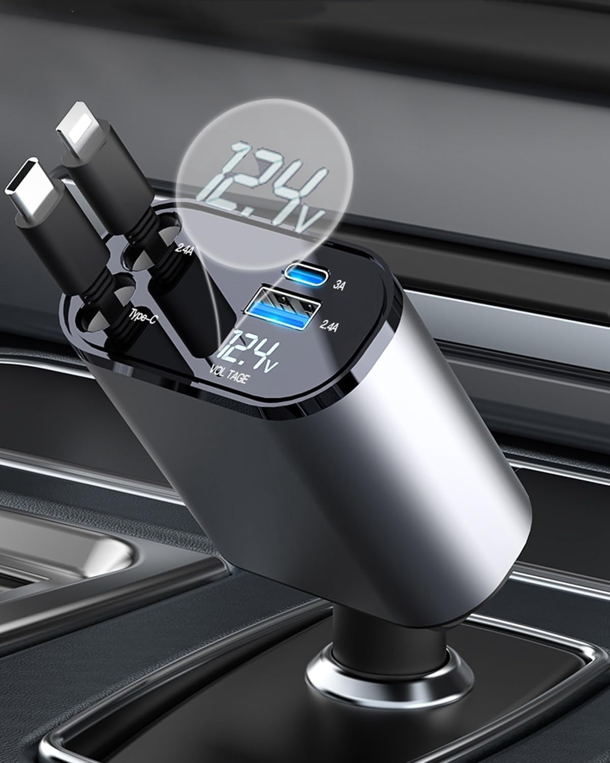 CJBZLCPCOORetractable Car Charger, 4 in 1 USB C Car Charger 60W,Retractable Cables (2.6Ft) and 2 USB Ports Car Charger Adapter, Compatible with iPhone 15/14/13/12/11 Pro Max/XS MAX,iPad，Galaxy S23/S22
