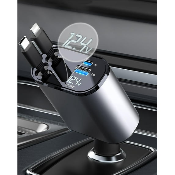 CJBZLCPCOORetractable Car Charger, 4 in 1 USB C Car Charger 60W,Retractable Cables (2.6Ft) and 2 USB Ports Car Charger Adapter, Compatible with iPhone 15/14/13/12/11 Pro Max/XS MAX,iPad,Galaxy S23/S22