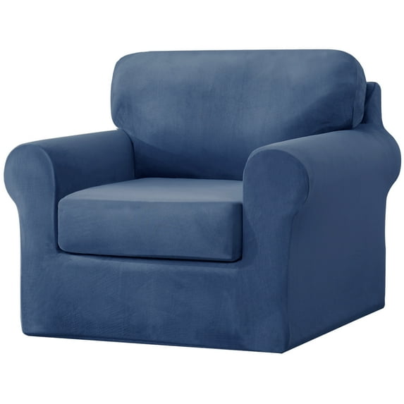 CJC 3-Piece Armchair Sofa Cover, 1-Seater Velvet Couch Slipcover with Separate Backrest and Cushion Cover(Small, Dark Blue)