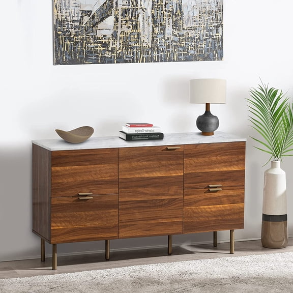 CJC 48" Sideboard Buffet Console Storage Cabinet - Faux Marble Top - with 4 Drawers and 1 Door, Walnut