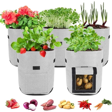 CJC 5 Pack Potato Grow Bags, 7 Gallon Vegetable Planter Containers, Fabric Planting Pots, Breathable Nonwoven Tomato Growing Gags, (Gray)