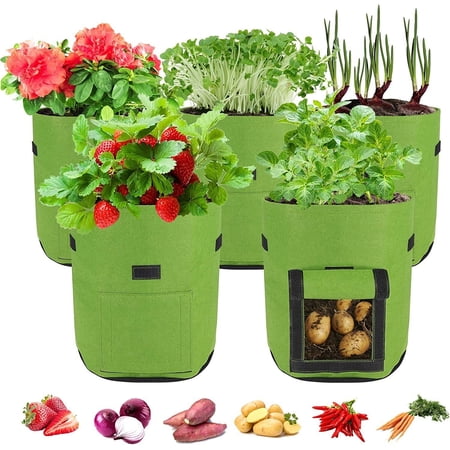 CJC 5 Pack Potato Grow Bags, 7 Gallon Vegetable Planter Containers, Fabric Planting Pots, Breathable Nonwoven Tomato Growing Gags, (Green)