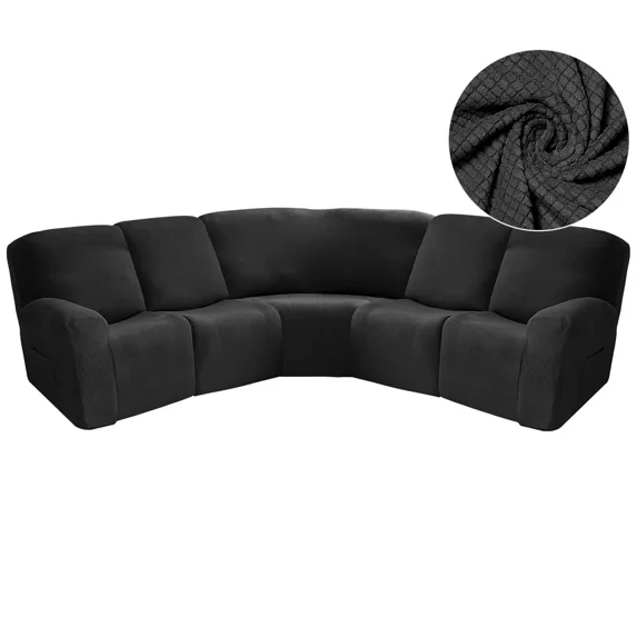 CJC 5 Seat Recliner Sofa Cover Elastic L-Shaped Sectional Couch Slipcover Jacquard Corner Reclining Sofa Protector, Black