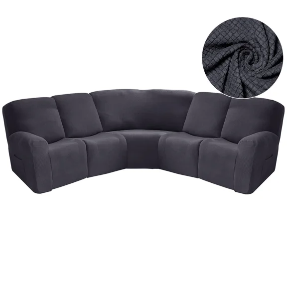 CJC 5 Seat Recliner Sofa Cover Elastic L-Shaped Sectional Couch Slipcover Jacquard Corner Reclining Sofa Protector, Dark Gray