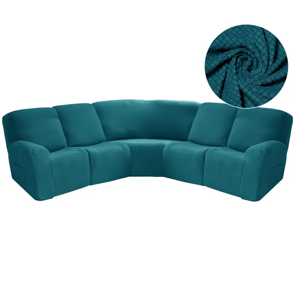 CJC 5 Seat Recliner Sofa Cover Elastic L-Shaped Sectional Couch Slipcover Jacquard Corner Reclining Sofa Protector, Deep Blue