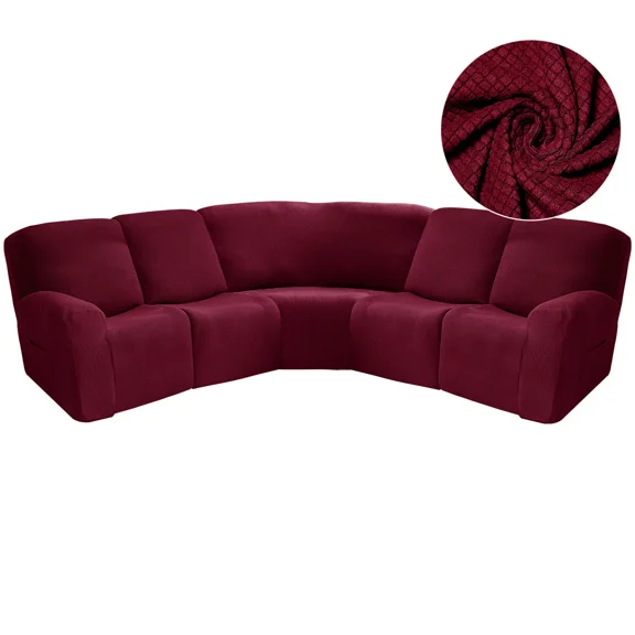 CJC 5 Seat Recliner Sofa Cover Elastic L-Shaped Sectional Couch Slipcover Jacquard Corner Reclining Sofa Protector, Red
