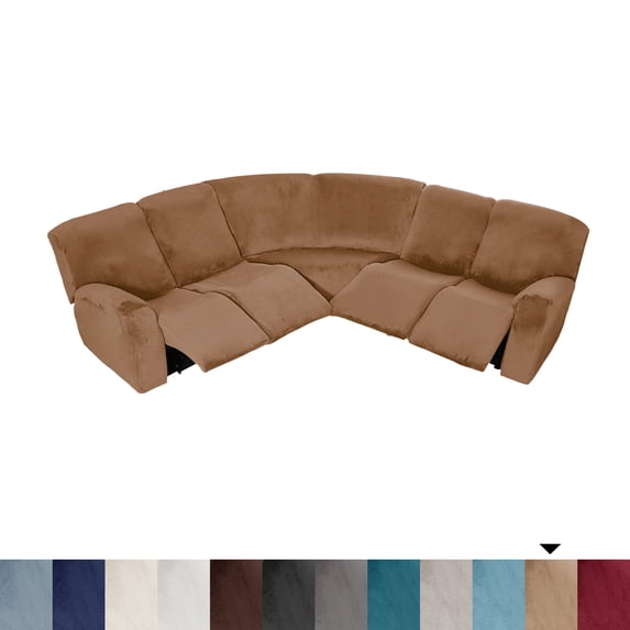 CJC 5 Seat Velvet Recliner Sofa Covers, 7-Piece Corner Sofa Covers, L-Shaped Sectional Couch Slipcovers, Brown