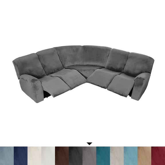 CJC 5 Seat Velvet Recliner Sofa Covers, 7-Piece Corner Sofa Covers, L-Shaped Sectional Couch Slipcovers, Gray