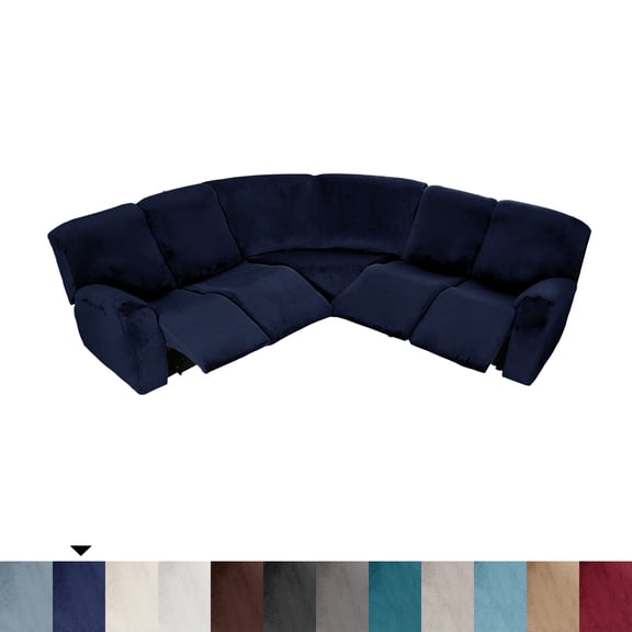 CJC 5 Seat Velvet Recliner Sofa Covers, 7-Piece Corner Sofa Covers, L-Shaped Sectional Couch Slipcovers, Navy Blue