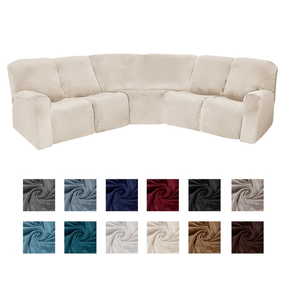 CJC 5 Seat Velvet Recliner Sofa Covers, 7-Piece Corner Sofa Covers, L-Shaped Sectional Couch Slipcovers, Stretch Furniture Protector, Beige