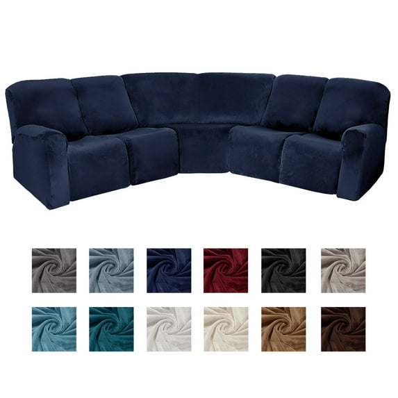 CJC 5 Seat Velvet Recliner Sofa Covers, 7-Piece Corner Sofa Covers, L-Shaped Sectional Couch Slipcovers, Stretch Furniture Protector, Navy Blue