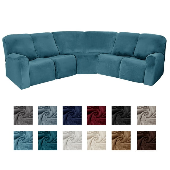 CJC 5 Seat Velvet Recliner Sofa Covers, 7-Piece Corner Sofa Covers, L-Shaped Sectional Couch Slipcovers, Stretch Furniture Protector, Peacock Blue