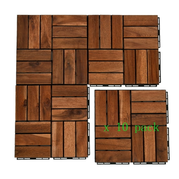 CJC Acacia Hardwood Interlocking Deck Tiles - Pack of 10, 12" x 12" - Floor Tiles for Patio and Deck Use - Rain and Weather Resistant