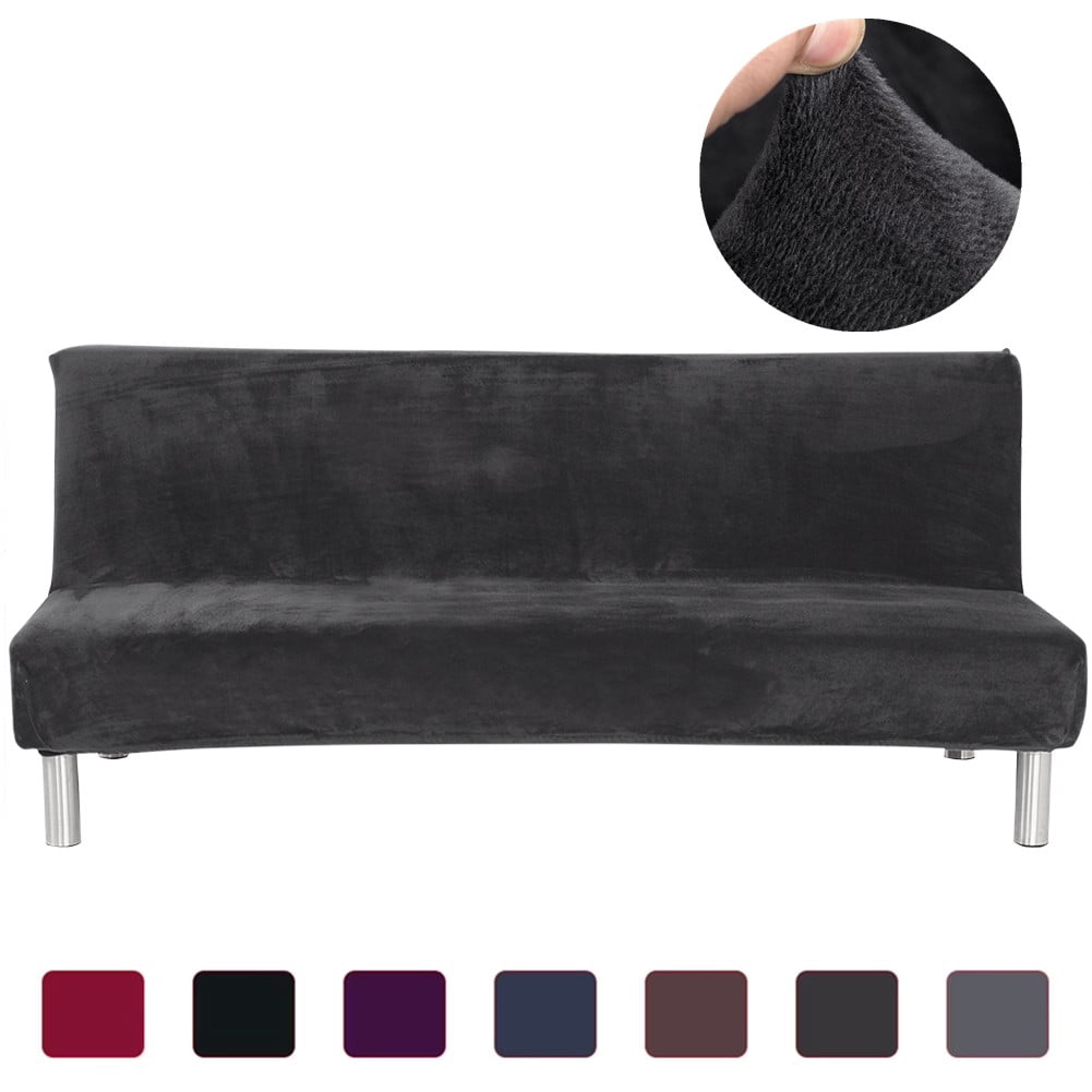 CJC Armless Plush Sofa Bed Cover - Stretch Velvet Sofa Bed Slipcover - Thicker Folding Futon Sofa Cover Protector, Dark Gray