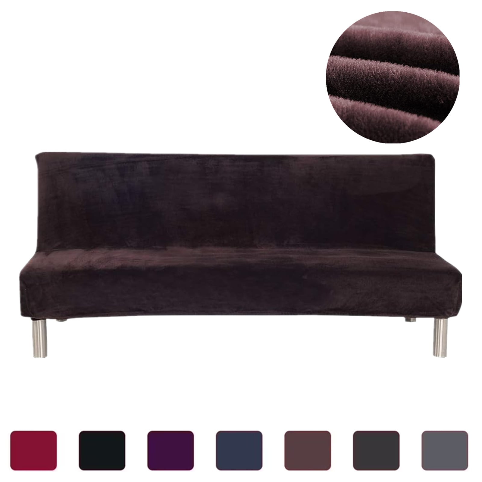 CJC Armless Plush Sofa Bed Cover - Stretch Velvet Sofa Bed Slipcover - Thicker Folding Futon Sofa Cover Protector, Brown