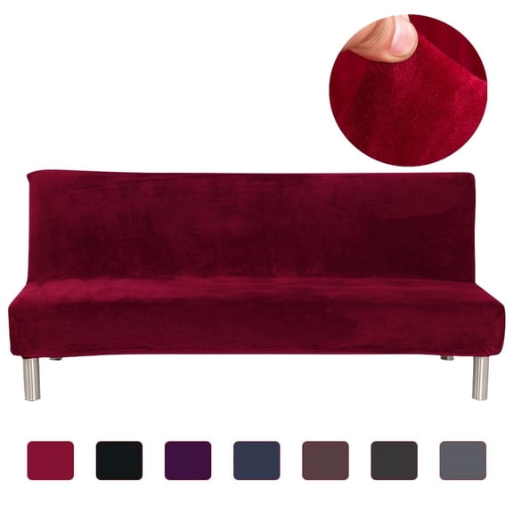 CJC Armless Plush Sofa Bed Cover - Stretch Velvet Sofa Bed Slipcover - Thicker Folding Futon Sofa Cover Protector, Dark Red