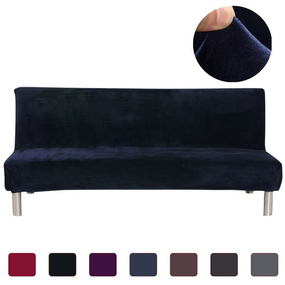 CJC Armless Plush Sofa Bed Cover - Stretch Velvet Sofa Bed Slipcover with Free Pillow Cover - Thicker Folding Futon Sofa Cover Protector, Navy Blue