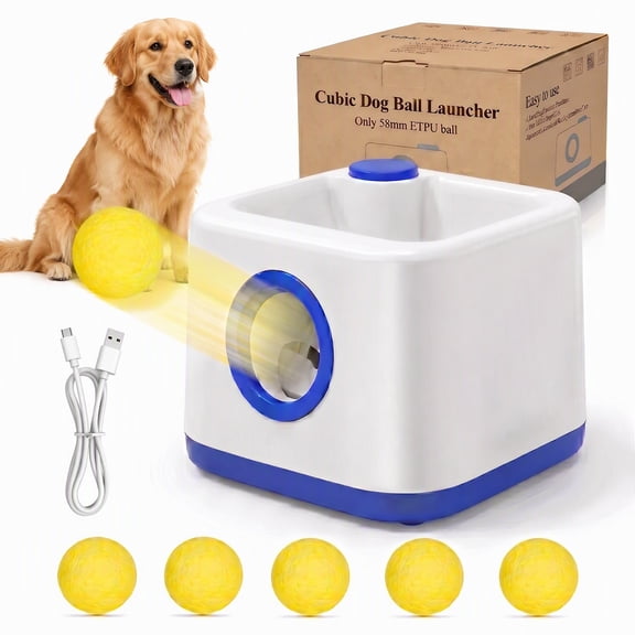 CJC Automatic Dog Ball Launcher with 5 ETPU Balls, Pet Ball Thrower Toy Fetch Machine for S/M Dogs, 3 Distance Settings, White + Blue
