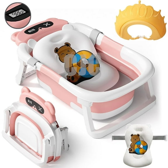 CJC Baby Bathtub Portable Baby Tub for Newborn to Toddler Durable Bath Tub with Soft Detachable Cushion No-Slip Hanging and Shower Hat