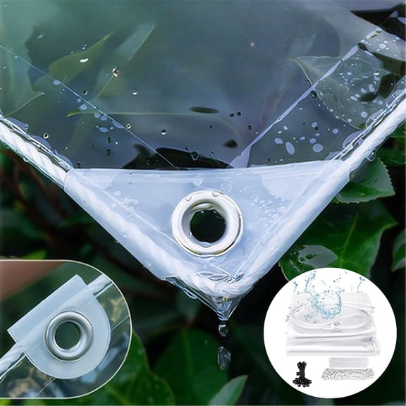 CJC Clear Tarp with Grommets, 420g/m² Transparent Heavy Duty Waterproof  Tarp Cover with Reinforced Edge and Elastic Rope, MultiPurpose Tarp Sheet Cover for Patio, Porch (6.6' x 16.4')
