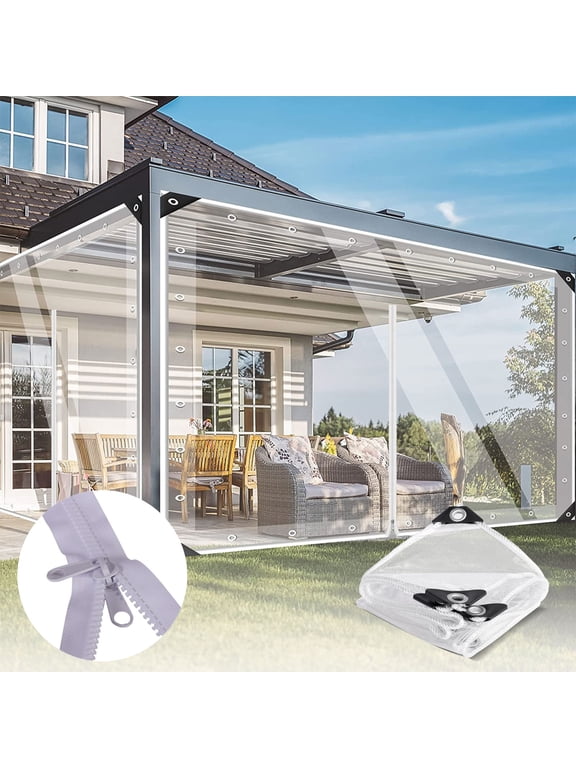Clear Waterproof Tarp with Zipper Door, Heavy Duty PVC Vinyl Transparent Tarpaulin with Metal Grommets for Gazebo Porch Balcony Pergola, 9.8ft x 9.8ft