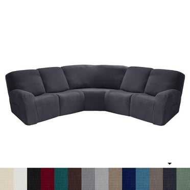 CJC Corner Stretch Sofa Cover for 5 Seaters, Curved Assembly, 7 Piece Fleece Furniture Protectors, Dark Gray