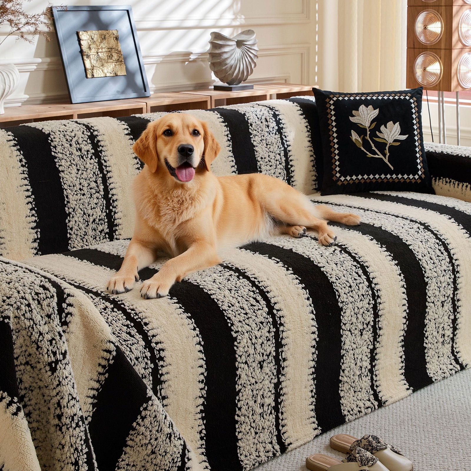 CJC Couch Cover Sofa Covers, Soft Couch Covers for Sectional Sofa - Anti-slip Love Seat Couch Covers for 3 Cushion Couch, Washable Slipcover for Dog Sofa Protector (Black #A, 71'' x 134'')