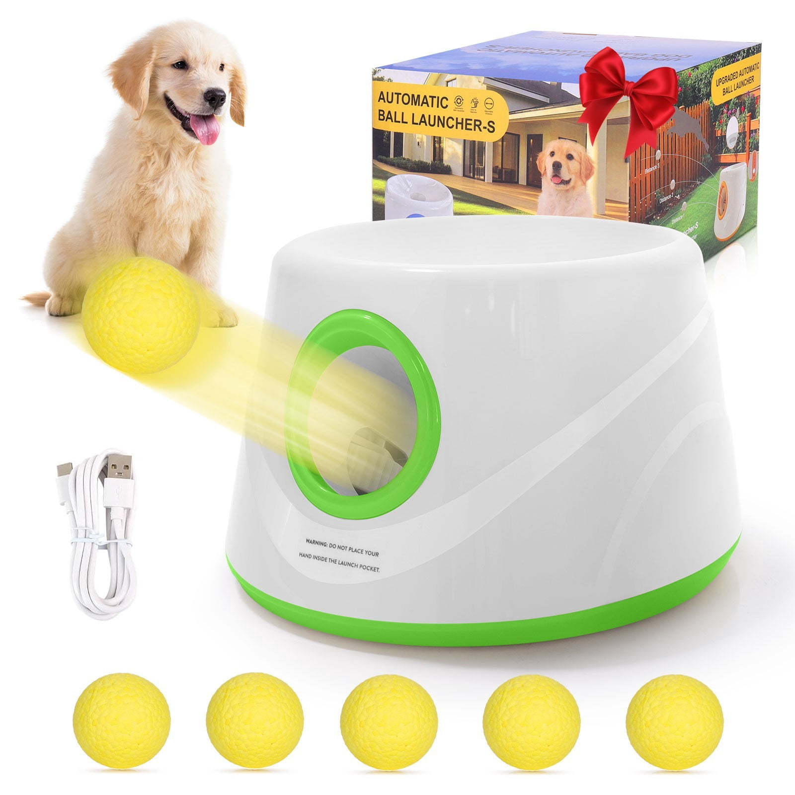 CJC Dog Ball Thrower Dog Automatic Ball Launcher for Dogs, 3 Adjustable Distances, 5 Balls Included – Interactive Fetch Toy for Indoor & Outdoor Play (Green)