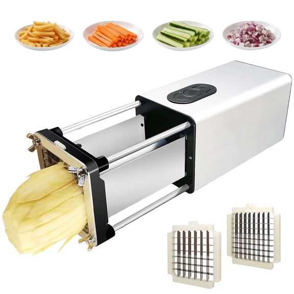 CJC Electirc Potato Chips Cutter French Fry Cutter, Stainless Steel Vegetable Fruit Chopper with 2 Replacement Blades 1/2-Inch 3/8-Inch, Silver