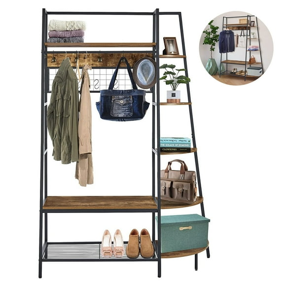 CJC Entryway Closet Organizer Garment Rack Hall Tree with Shoe Rack, Coat Rack, Hanging Rod, Bookshelves and Hooks, Metal Frame, Rustic Brown