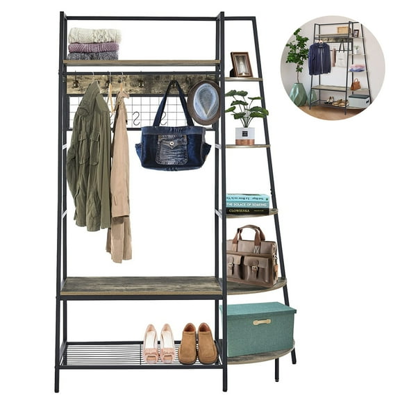 CJC Entryway Closet Organizer Garment Rack Hall Tree with Shoe Rack, Coat Rack, Hanging Rod, Bookshelves and Hooks, Metal Frame, Rustic Gray