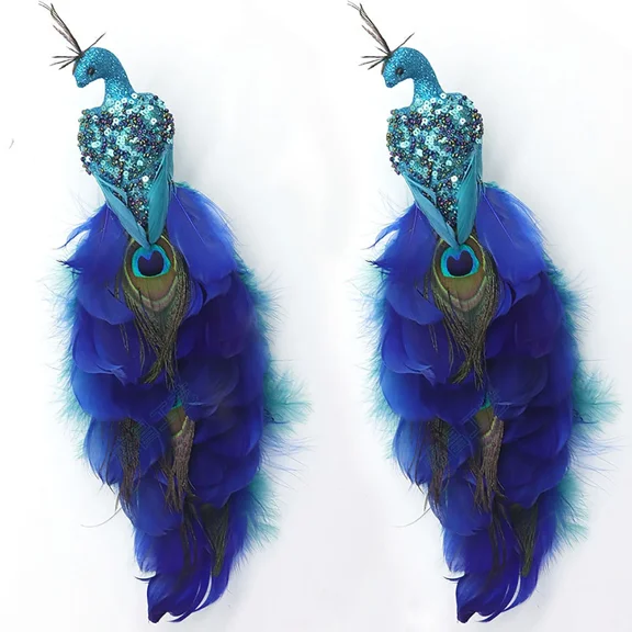 CJC Festive Peacock Christmas Ornaments 2-Pack Glittery Blue Sequin Bird with Feather Tail for Tree, Garland & Holiday Dcor