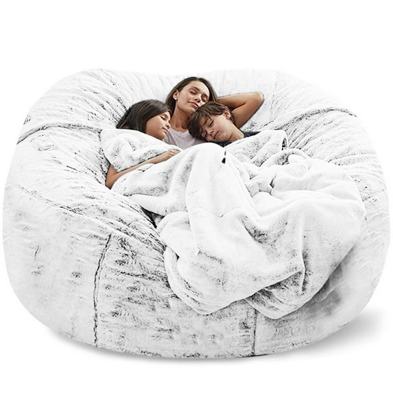 CJC Foam Queen Bean Bag Lazy Sofa Bed Cover Soft Faux Fur Memory for Living Room, (6FT, White Gray)