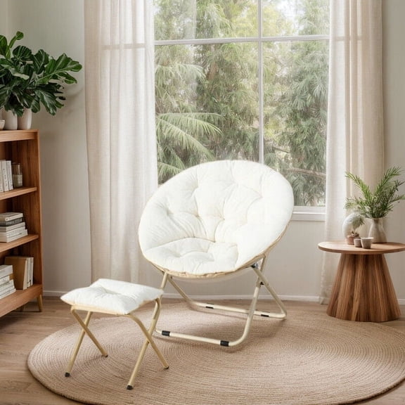 CJC Foldable Faux Fur Saucer Chair for Bedroom Livingroom Garden Dorm Metal Frame Oversized Comfortable Furry Padded Soft Cozy Moon Chair with Footrest Ottoman