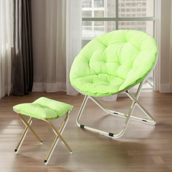 CJC Foldable Faux Fur Saucer Chair for Bedroom Livingroom Garden Dorm Metal Frame Oversized Comfortable Furry Padded Soft Cozy Moon Chair with Footrest Ottoman