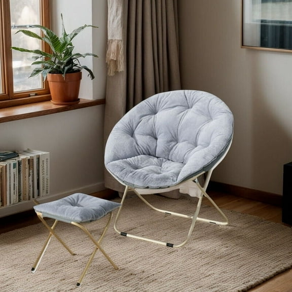 CJC Foldable Faux Fur Saucer Chair for Bedroom Livingroom Garden Dorm Metal Frame Oversized Comfortable Furry Padded Soft Cozy Moon Chair with Footrest Ottoman