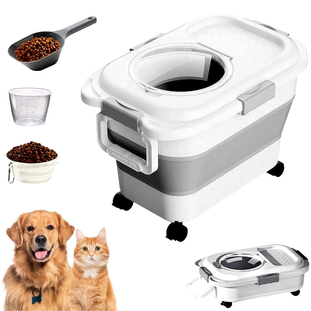 CJC New Collapsible Dog Food Storage Bin Rice Storage Containers with Rolling Wheels Airtight Leakproof Sealable for Flour Sugar Rough Grain & Pet Food 20~23lb